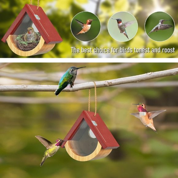 2 pk - Hummingbird Houses w/ Viewing Window - Red Roof Wooden Birdhouses - Picture 6 of 8